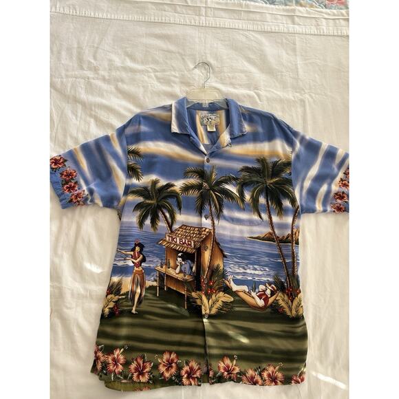 Vintage Big Dogs Shirt Men Large Hawaiian Hula Girl Tiki Camp Dive Bar Button Up - Picture 1 of 16